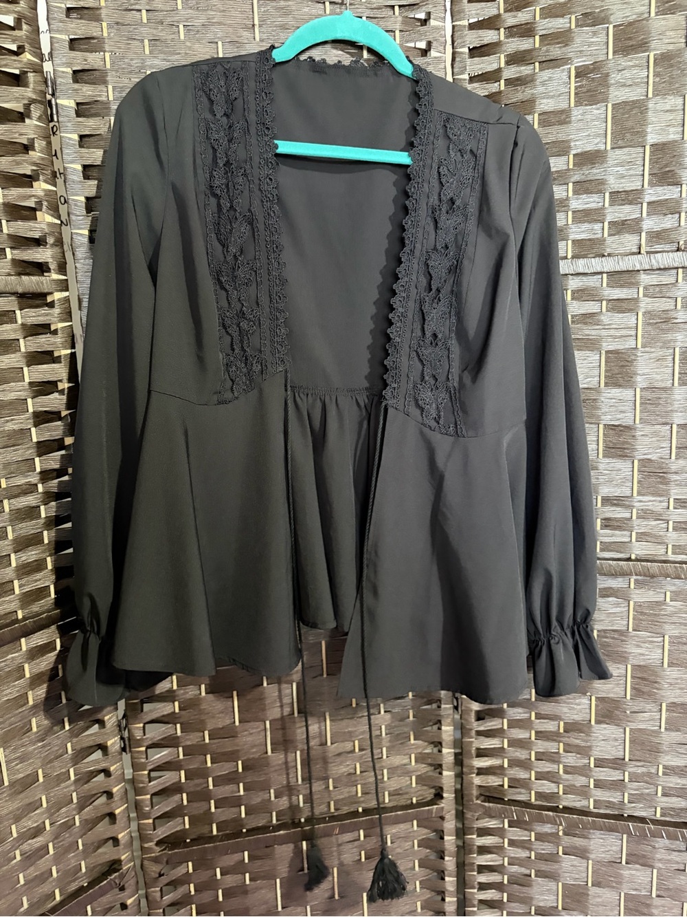 Black Lace-Trim Open Front Women's Top